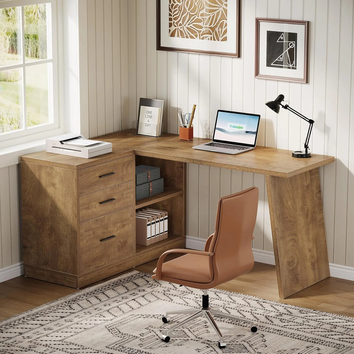 55 - Inch L Shaped Computer Desk with 3 Drawers, Corner Home Office Desk with Storage Shelves - Product image 6