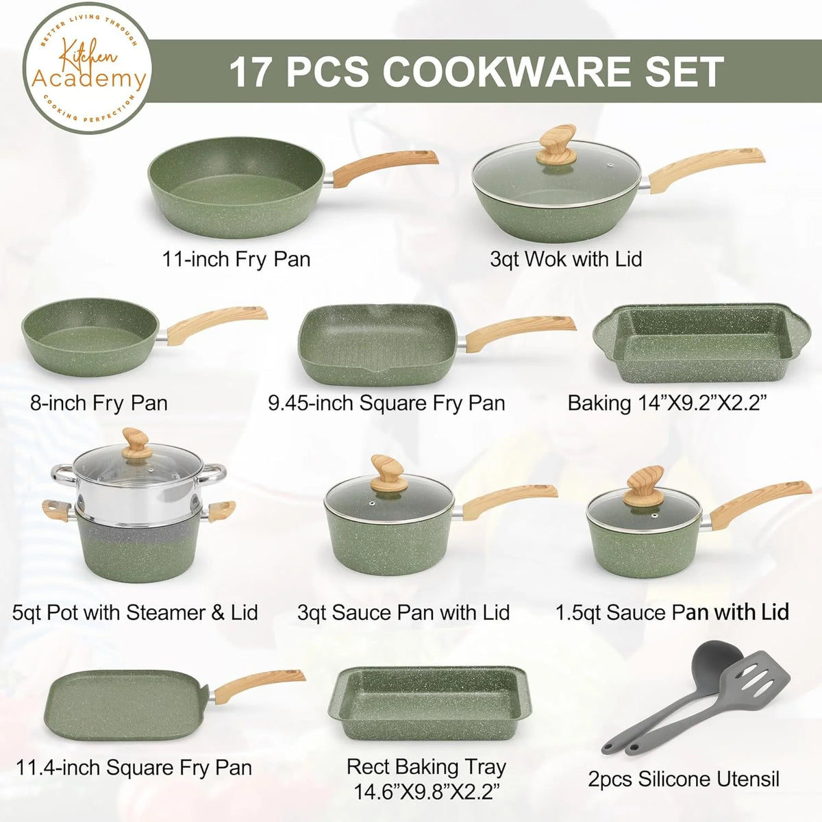 Kitchen Academy 17 Pieces Induction Cookware Set with Griddle, Green Granite Pots and Pans Set Non Stick - Product image 6