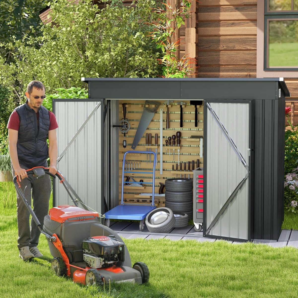 Outdoor Garden Shed Garden Tool Shed with 2 Doors Sloped Design Vents Galvanized Metal Frame 235x117x185cm Dark Gray -