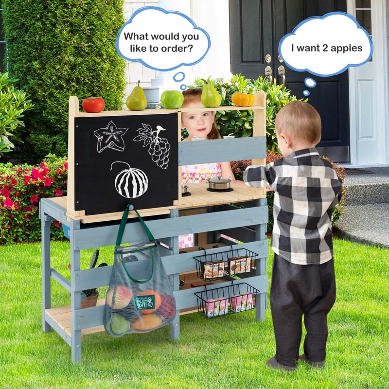 2-In-1 Kids Outdoor Mud Kitchen, Fir Wood Double Sided Kitchen Playset & Grocery Store with Faucet - Product image 2