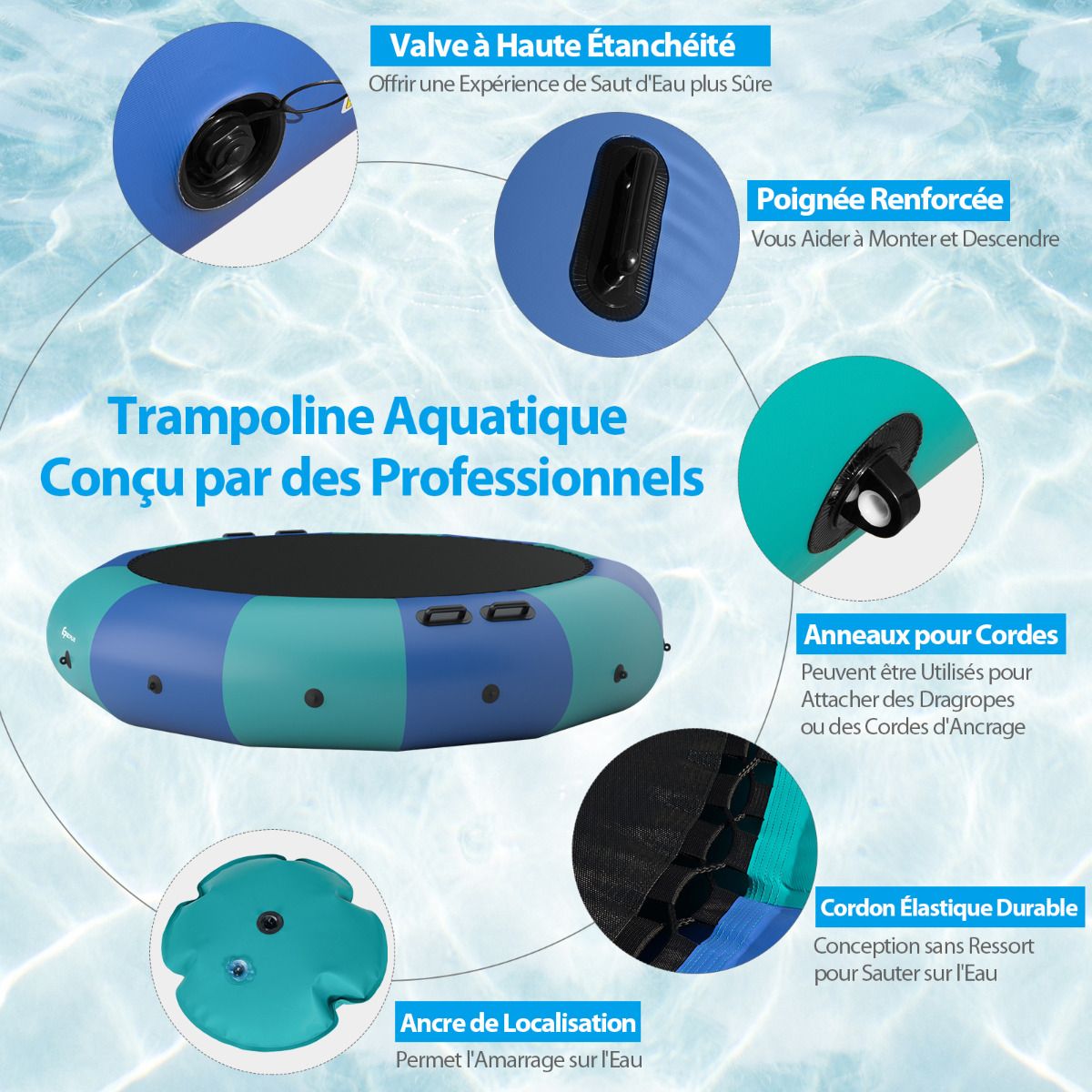 Inflatable Water Trampoline Dia.457cm 150kg Capacity with Ladder Repair Kit and 500w Electric Inflator Blue -