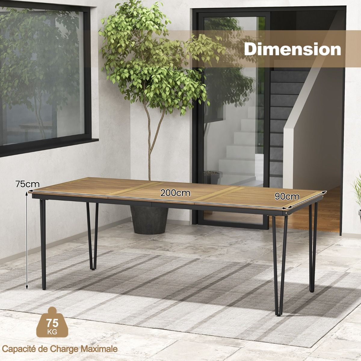 200 Cm Garden Table Outdoor Table for 8 People with Hole for 5 Cm Umbrella Metal Legs and Adjustable Footrest -