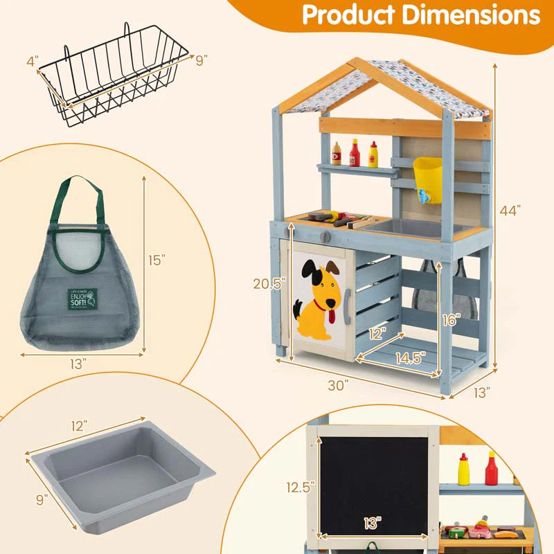 3-in-1 Double-Sided Kids Mud Kitchen, Indoor Outdoor Play Kitchen BBQ Grill & Grocery Playset with Sink - Product image 10