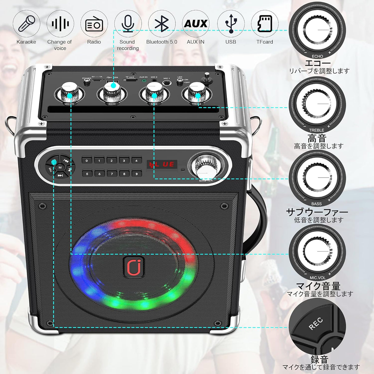 JYX Karaoke Machine, Bluetooth Speaker for Adults with 2 Wireless Microphones, Portable Karaoke System for Home Party/Camping