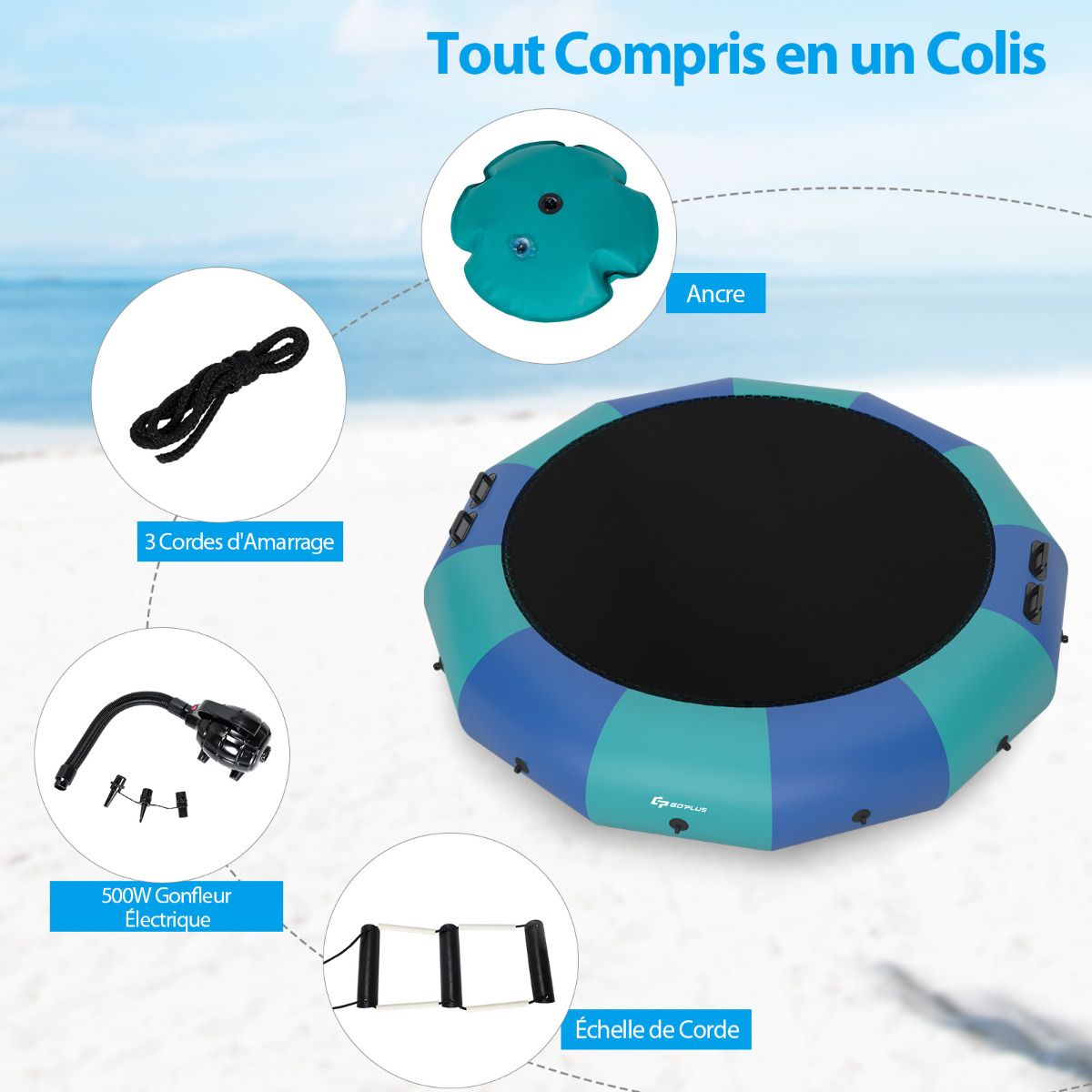 Inflatable Water Trampoline Dia.457cm 150kg Capacity with Ladder Repair Kit and 500w Electric Inflator Blue -