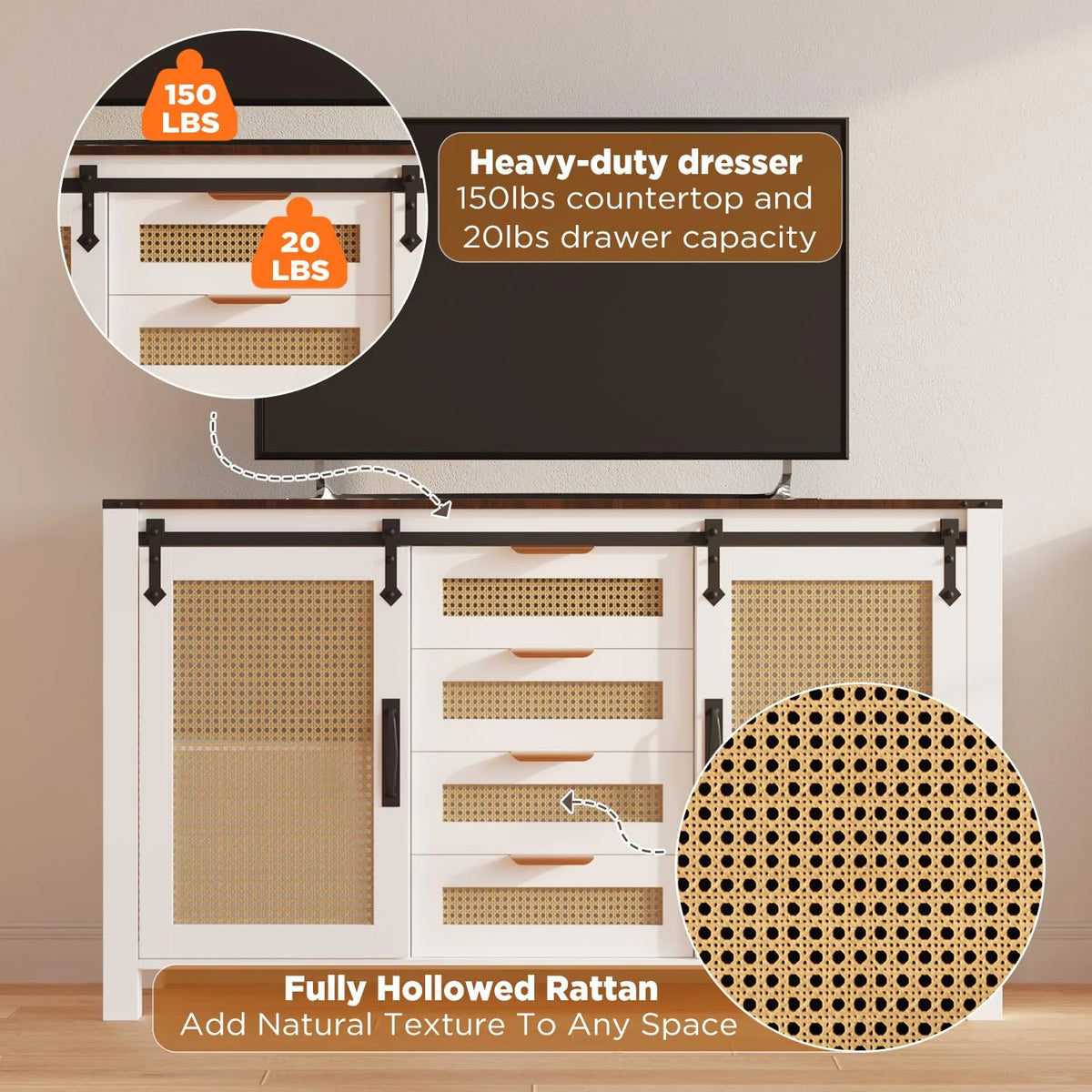 AECOJOY Farmhouse Sideboard Buffet Cabinet with Storage, Rattan Kitchen Cabinet w/Sliding Barn Doors & 4 - Product image 13