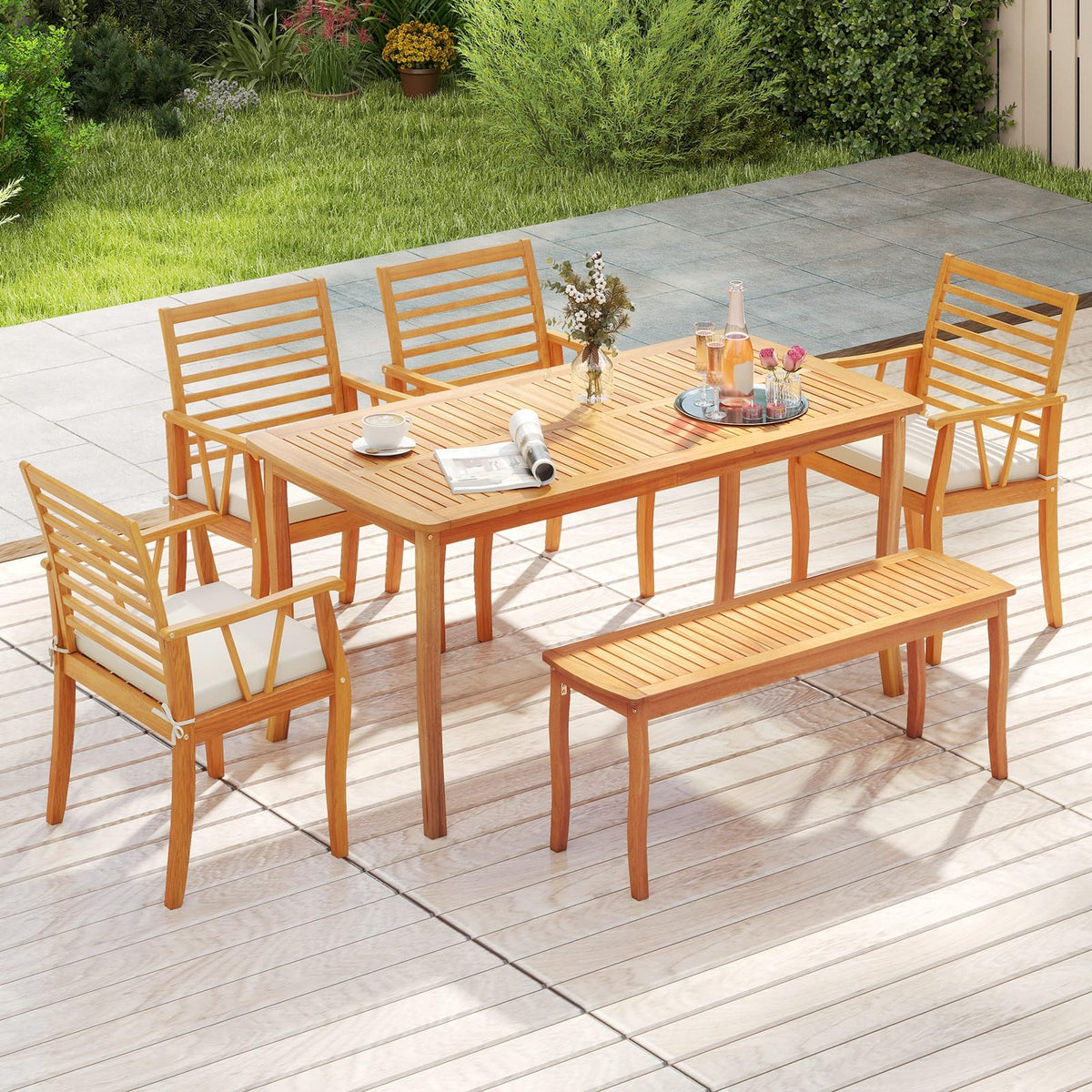 Tangkula 6 Pieces Acacia Wood Patio Dining Set with Bench - Product image 1
