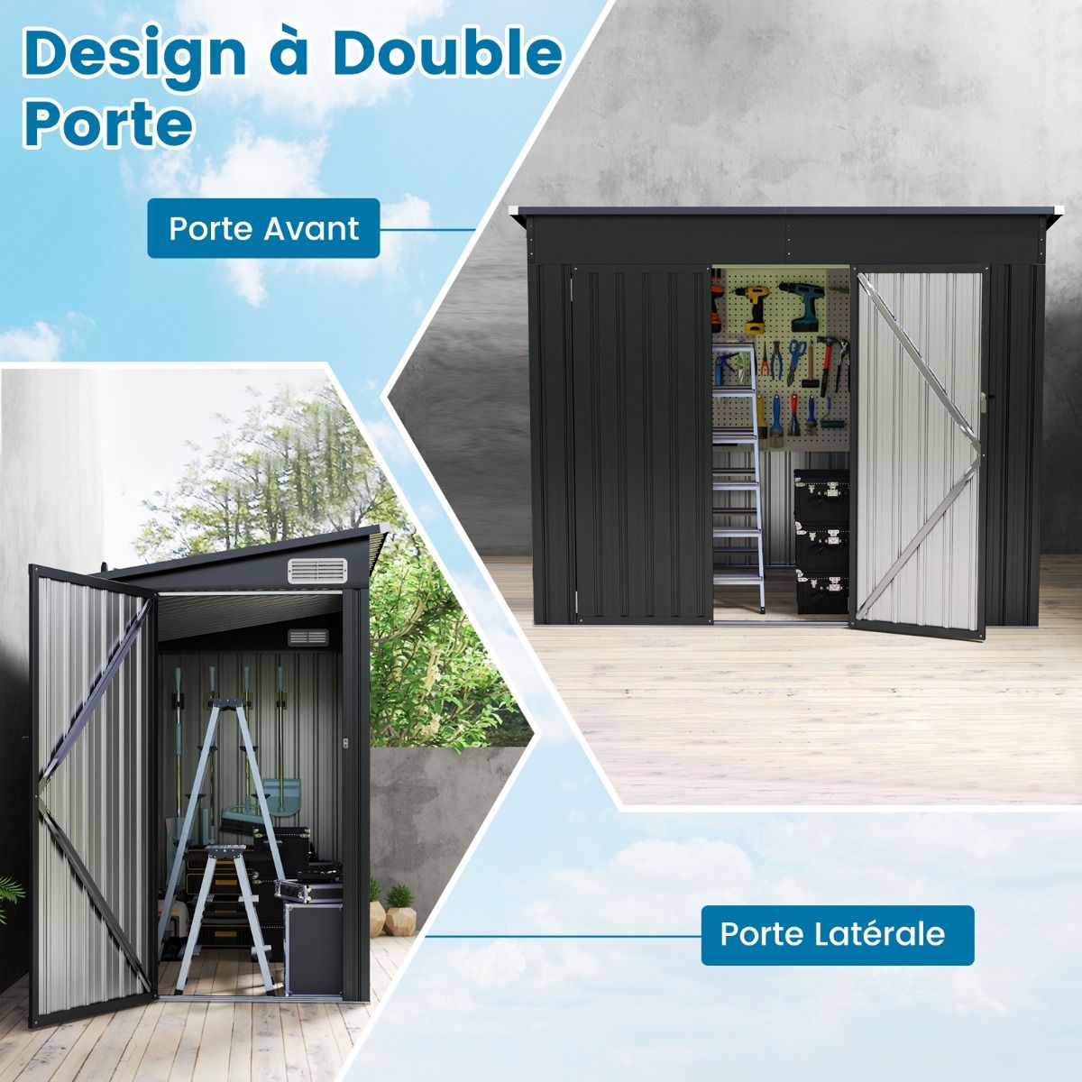 Outdoor Garden Shed Garden Tool Shed with 2 Doors Sloped Design Vents Galvanized Metal Frame 235x117x185cm Dark Gray -
