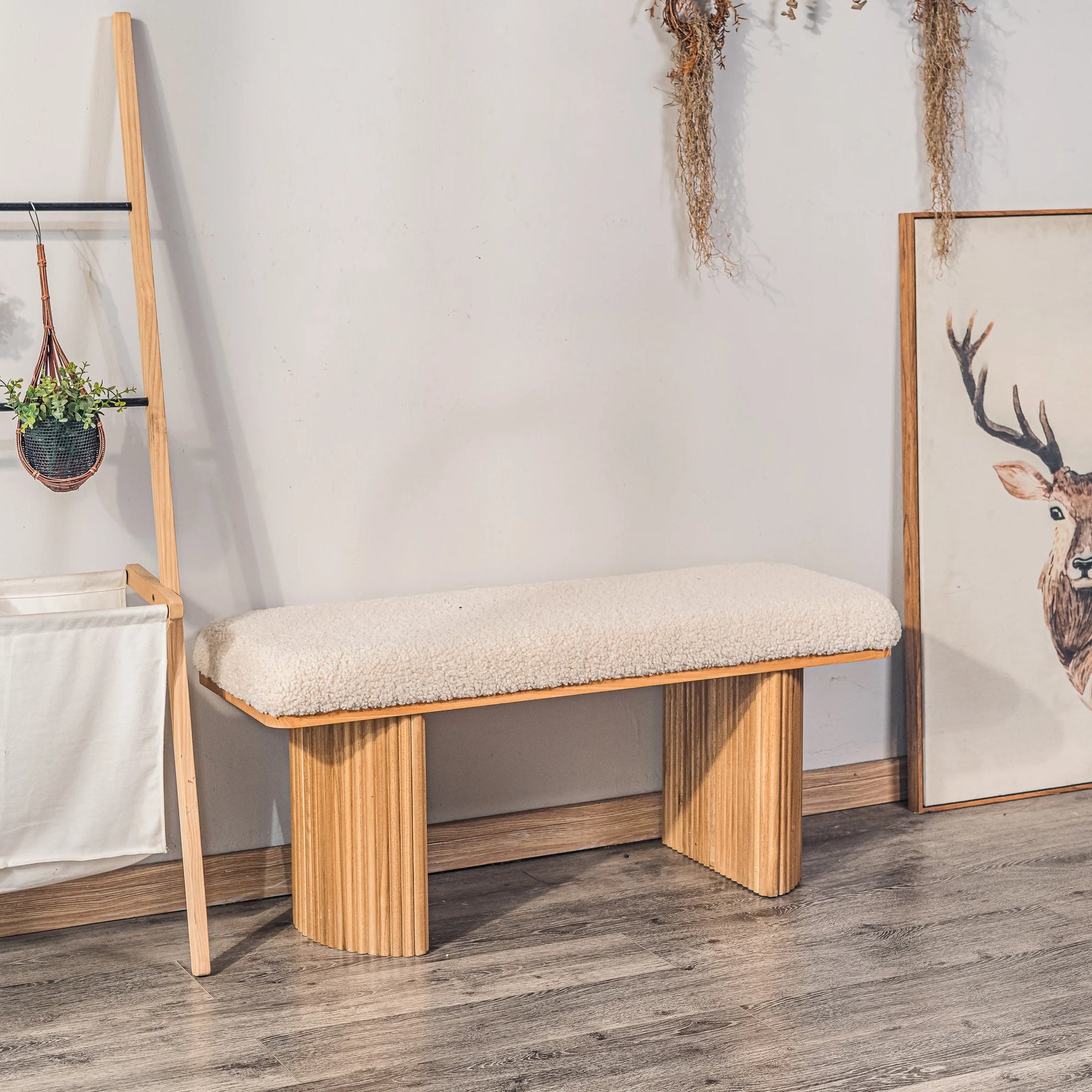 Solid Wood and Beige Velvet Bench Exotic Boho Entryway