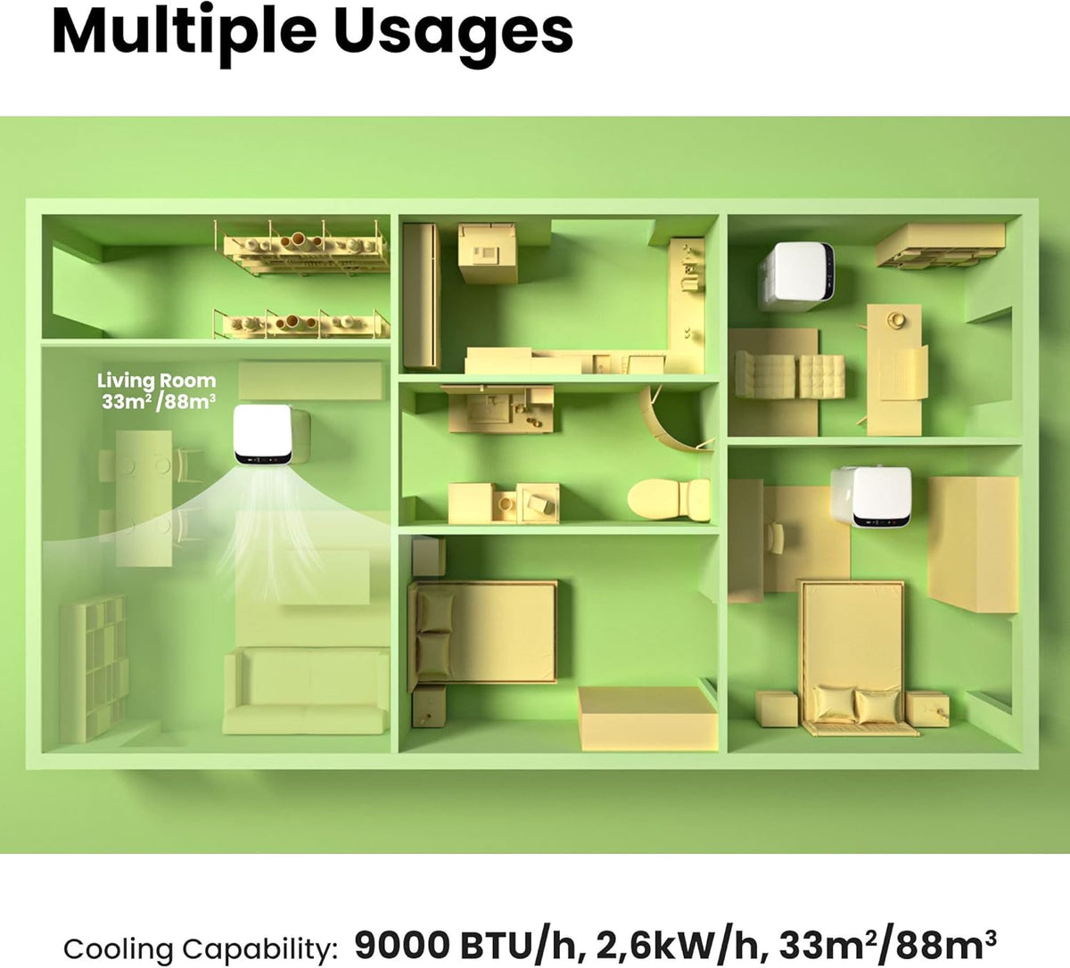 COMFEE' Mobile Air Conditioner 9000 BTU/h 2.6kW, 3-IN-1 Cooler Dehumidifier Fan, Follow me Function, Timer, Night Mode, For Living Room and 33㎡/88m³ Home, MPPH-09CRN7, R290