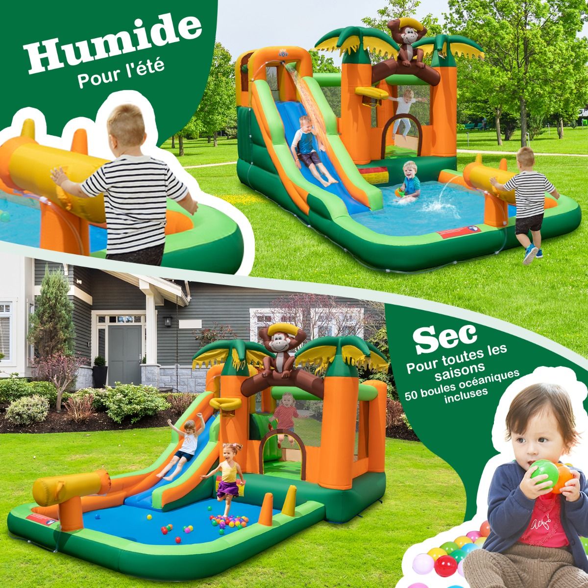 7 in 1 Tropical Inflatable Castle with Monkey & Palm Tree Theme with Water Slide with Pool & 50 Balls Load 90kg for 2 Children Aged 3-10 -