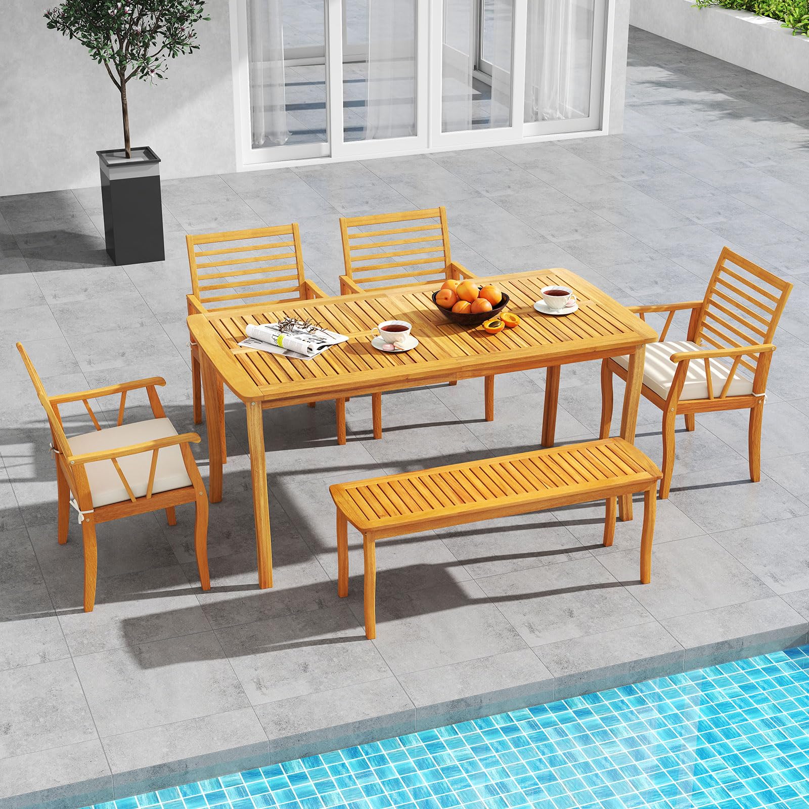 Tangkula 6 Pieces Acacia Wood Patio Dining Set with Bench - Product image 3