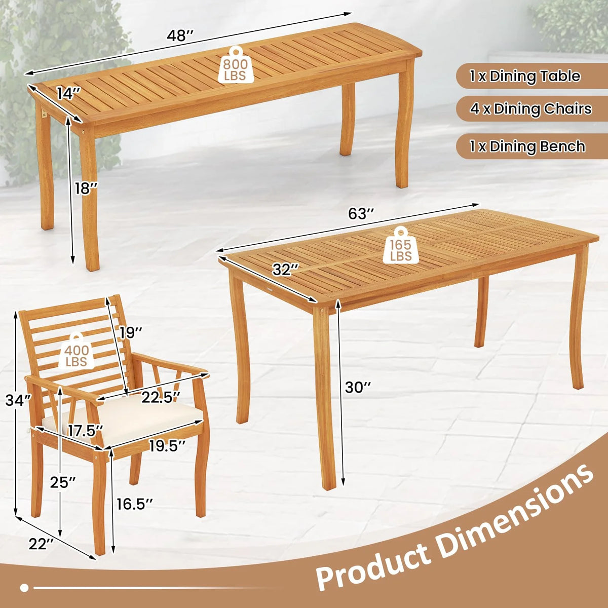 Tangkula 6 Pieces Acacia Wood Patio Dining Set with Bench - Product image 9