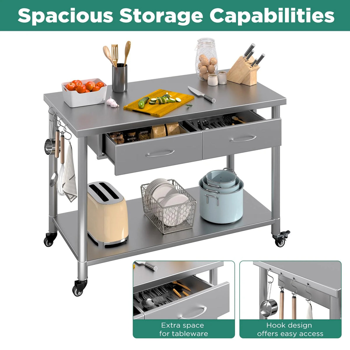 AECOJOY Stainless Steel Work Table with 2 Drawers, 48"x24" Commercial Kitchen Prep Table with Casters - Product image 4