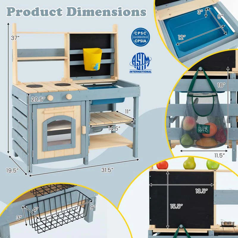 2-In-1 Kids Outdoor Mud Kitchen, Fir Wood Double Sided Kitchen Playset & Grocery Store with Faucet - Product image 9