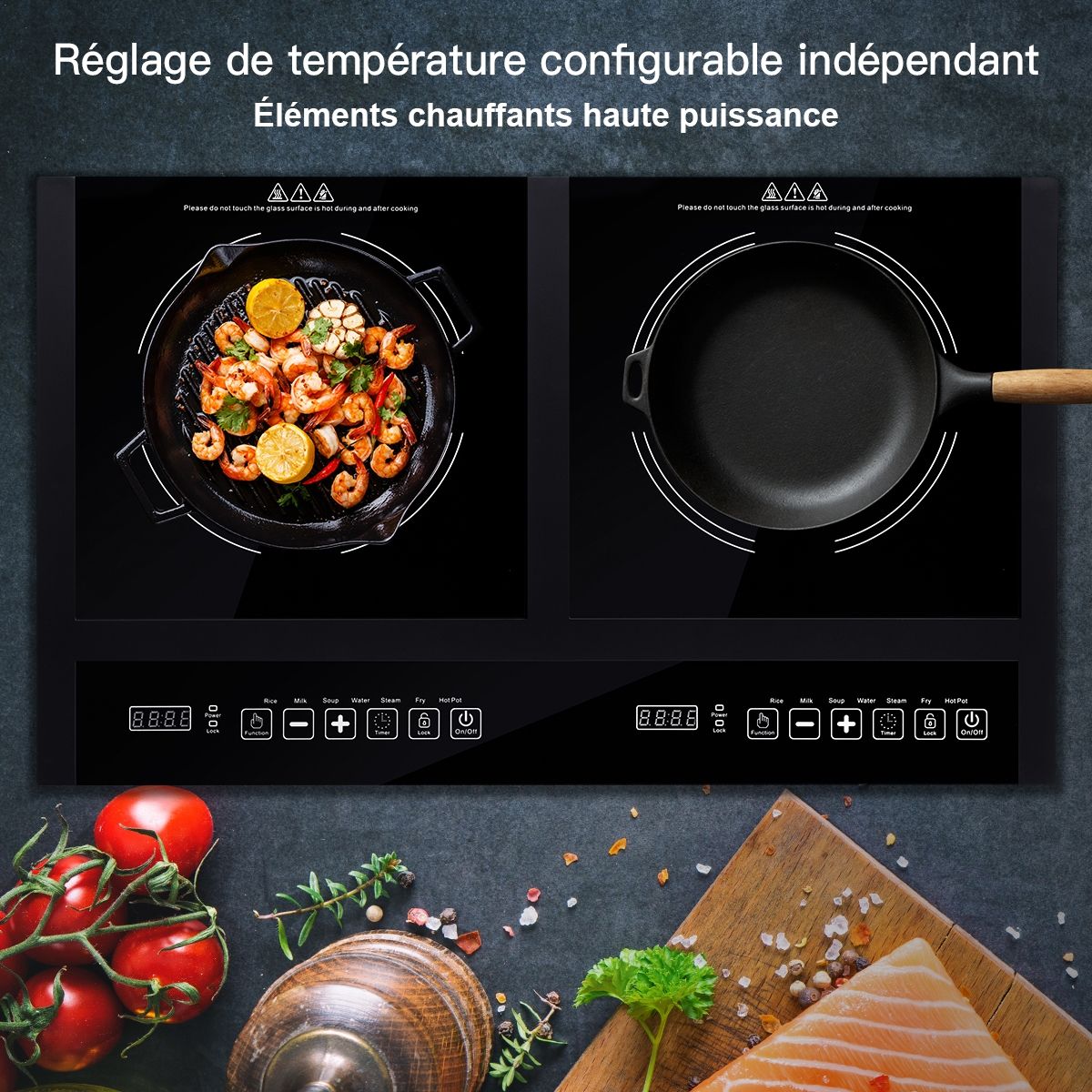 Double Electric Glass Ceramic Hob 1800W+1800W 2 Zones 8 Variable Temperature/Power Levels Black -
