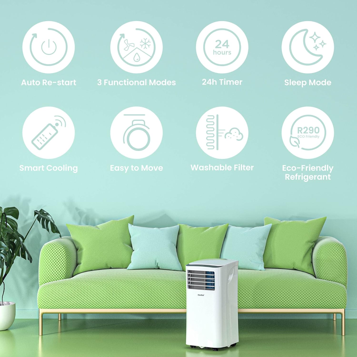 COMFEE' Mobile Air Conditioner 9000 BTU/h 2.6kW, 3-IN-1 Cooler Dehumidifier Fan, Follow me Function, Timer, Night Mode, For Living Room and 33㎡/88m³ Home, MPPH-09CRN7, R290