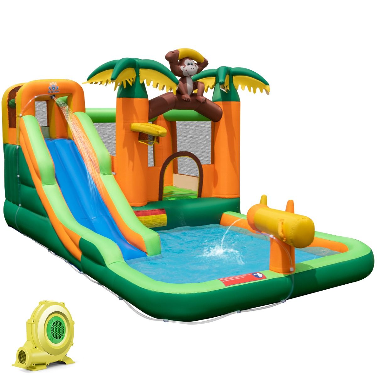 7 in 1 Tropical Inflatable Castle with Monkey & Palm Tree Theme with Water Slide with Pool & 50 Balls Load 90kg for 2 Children Aged 3-10 -