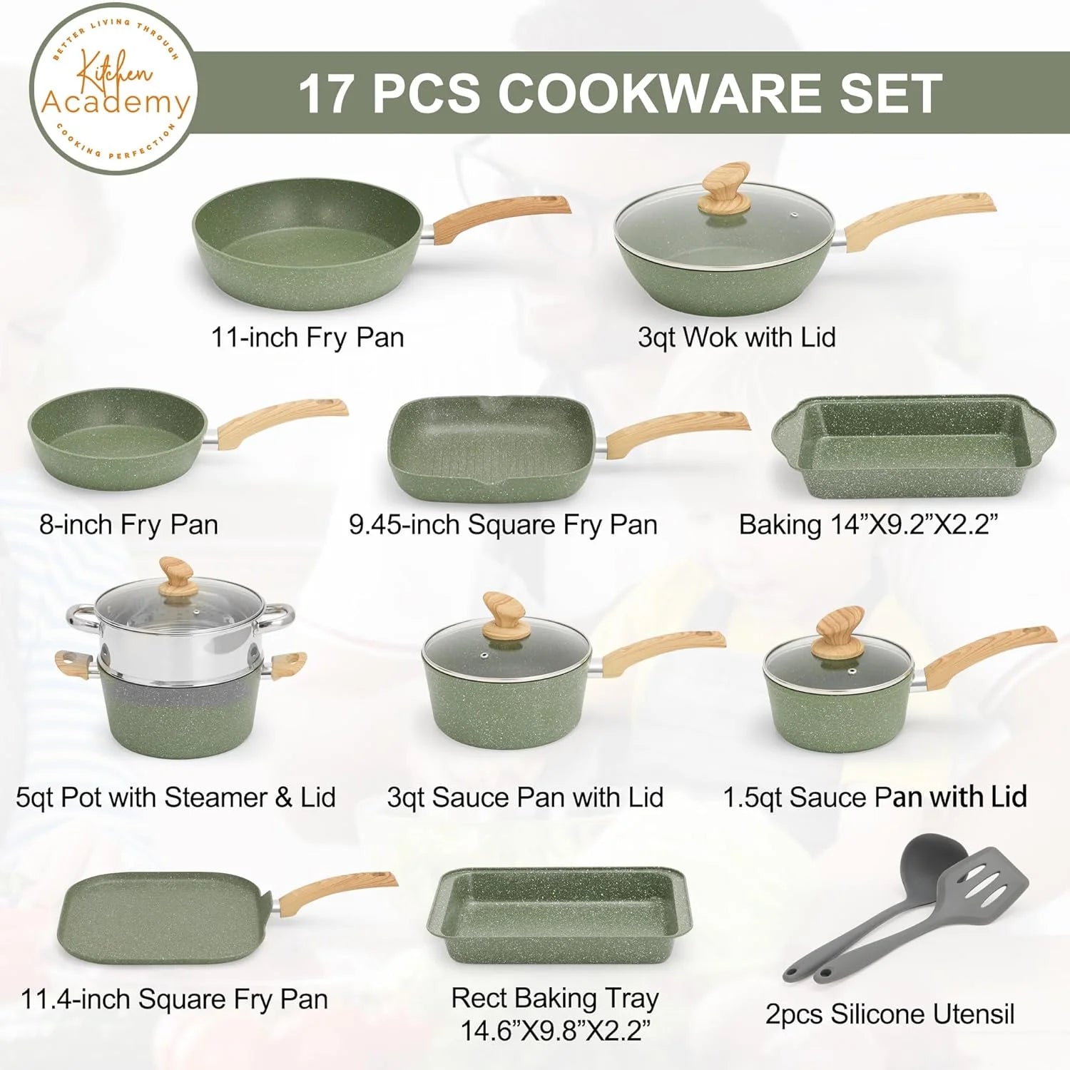 Kitchen Academy 17 Pieces Induction Cookware Set with Griddle, Green Granite Pots and Pans Set Non Stick - Product image 6