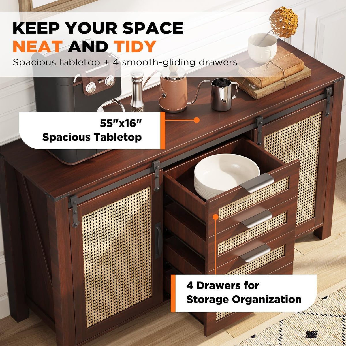 AECOJOY Farmhouse Sideboard Buffet Cabinet with Storage, Rattan Kitchen Cabinet w/Sliding Barn Doors & 4 - Product image 6