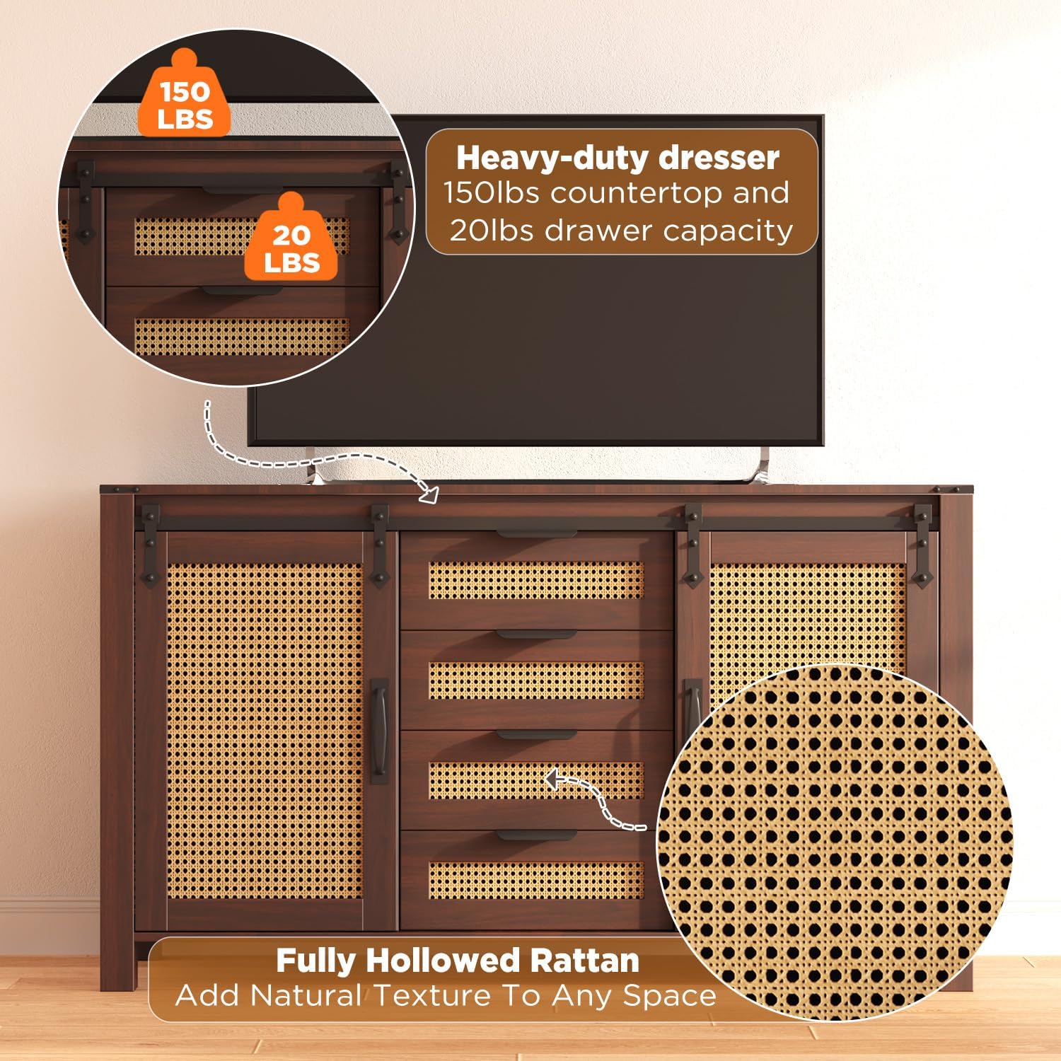 AECOJOY Farmhouse Sideboard Buffet Cabinet with Storage, Rattan Kitchen Cabinet w/Sliding Barn Doors & 4 - Product image 4