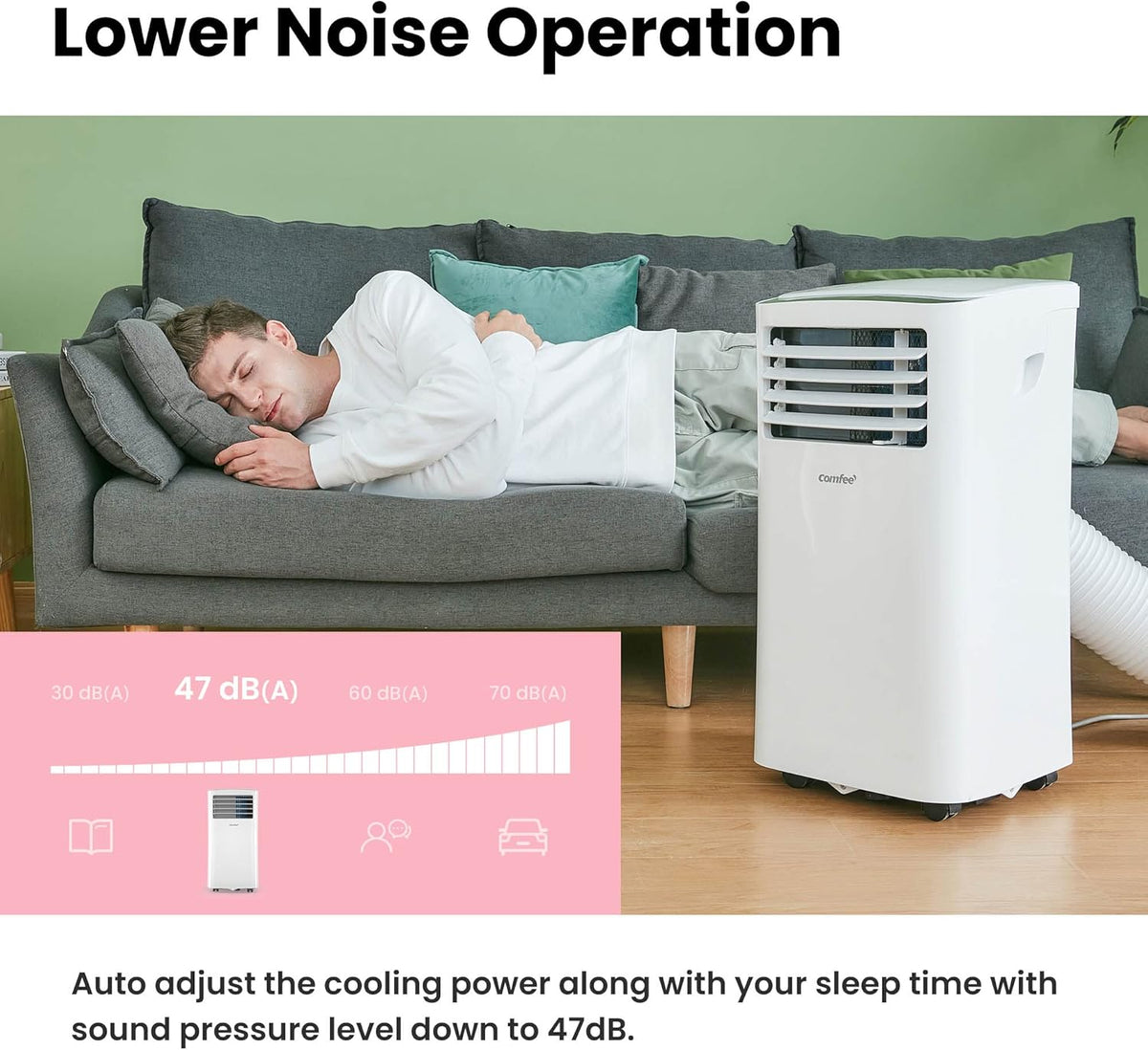 COMFEE' Mobile Air Conditioner 9000 BTU/h 2.6kW, 3-IN-1 Cooler Dehumidifier Fan, Follow me Function, Timer, Night Mode, For Living Room and 33㎡/88m³ Home, MPPH-09CRN7, R290