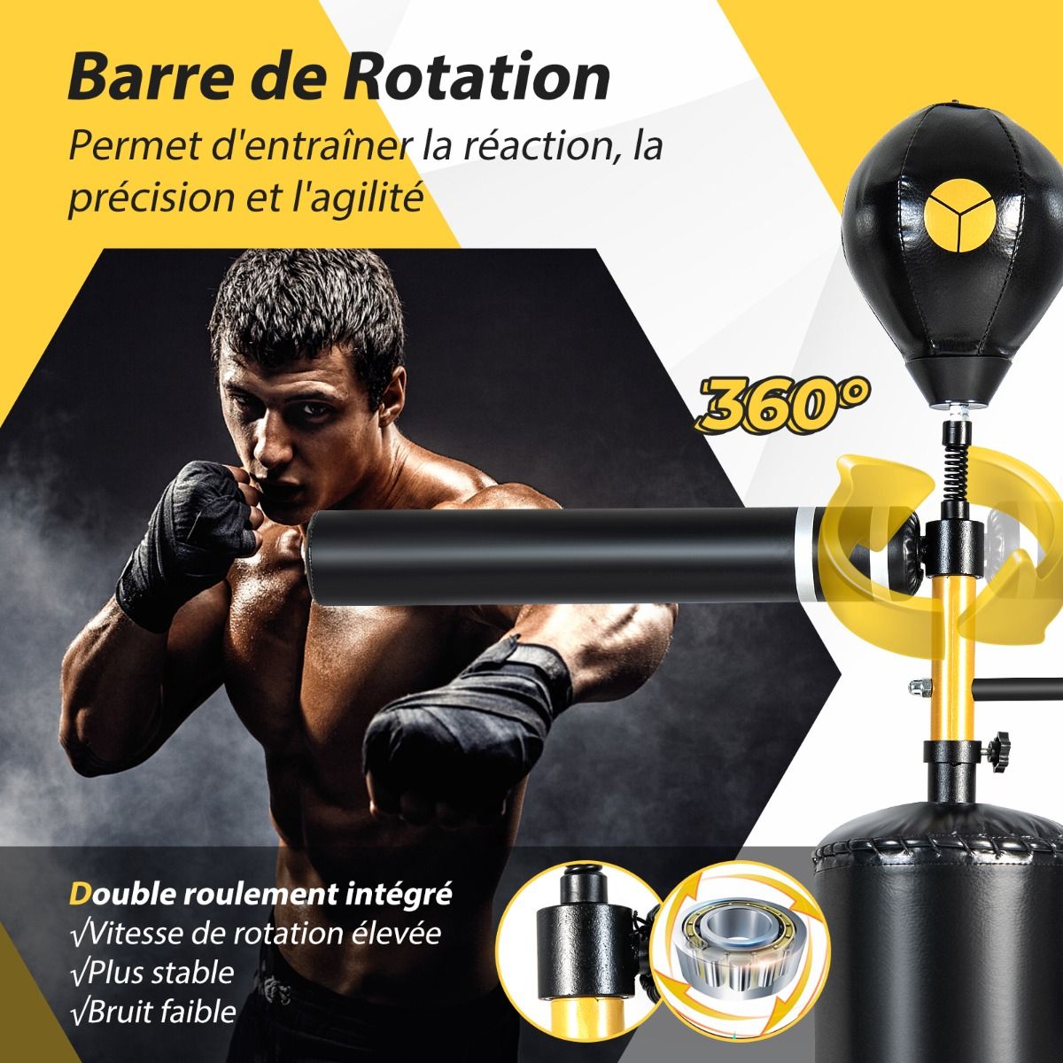 Free Standing Punching Bag Boxing Speed ​​Trainer 360° Swivel Bar Punching Ball Adjustable Height 168-201cm for MMA Teenagers & Adults -