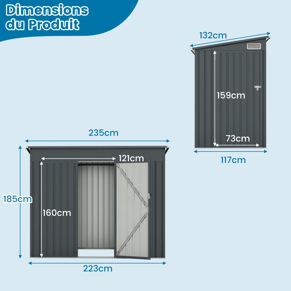 Outdoor Garden Shed Garden Tool Shed with 2 Doors Sloped Design Vents Galvanized Metal Frame 235x117x185cm Dark Gray -