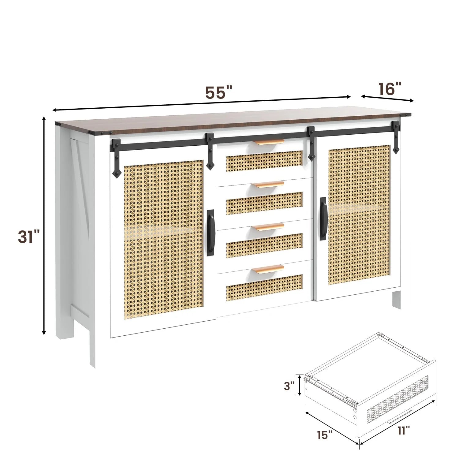 AECOJOY Farmhouse Sideboard Buffet Cabinet with Storage, Rattan Kitchen Cabinet w/Sliding Barn Doors & 4 - Product image 10