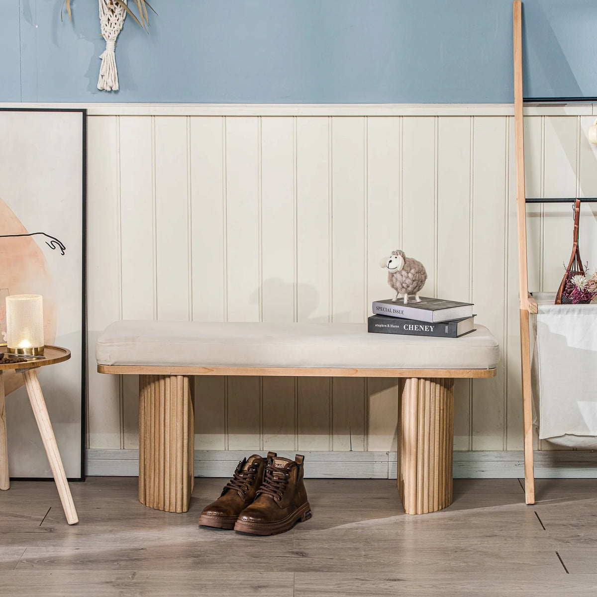 Solid Wood and Beige Velvet Bench Exotic Boho Entryway
