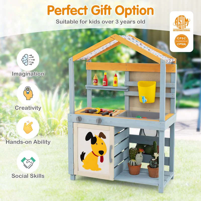 3-in-1 Double-Sided Kids Mud Kitchen, Indoor Outdoor Play Kitchen BBQ Grill & Grocery Playset with Sink - Product image 9