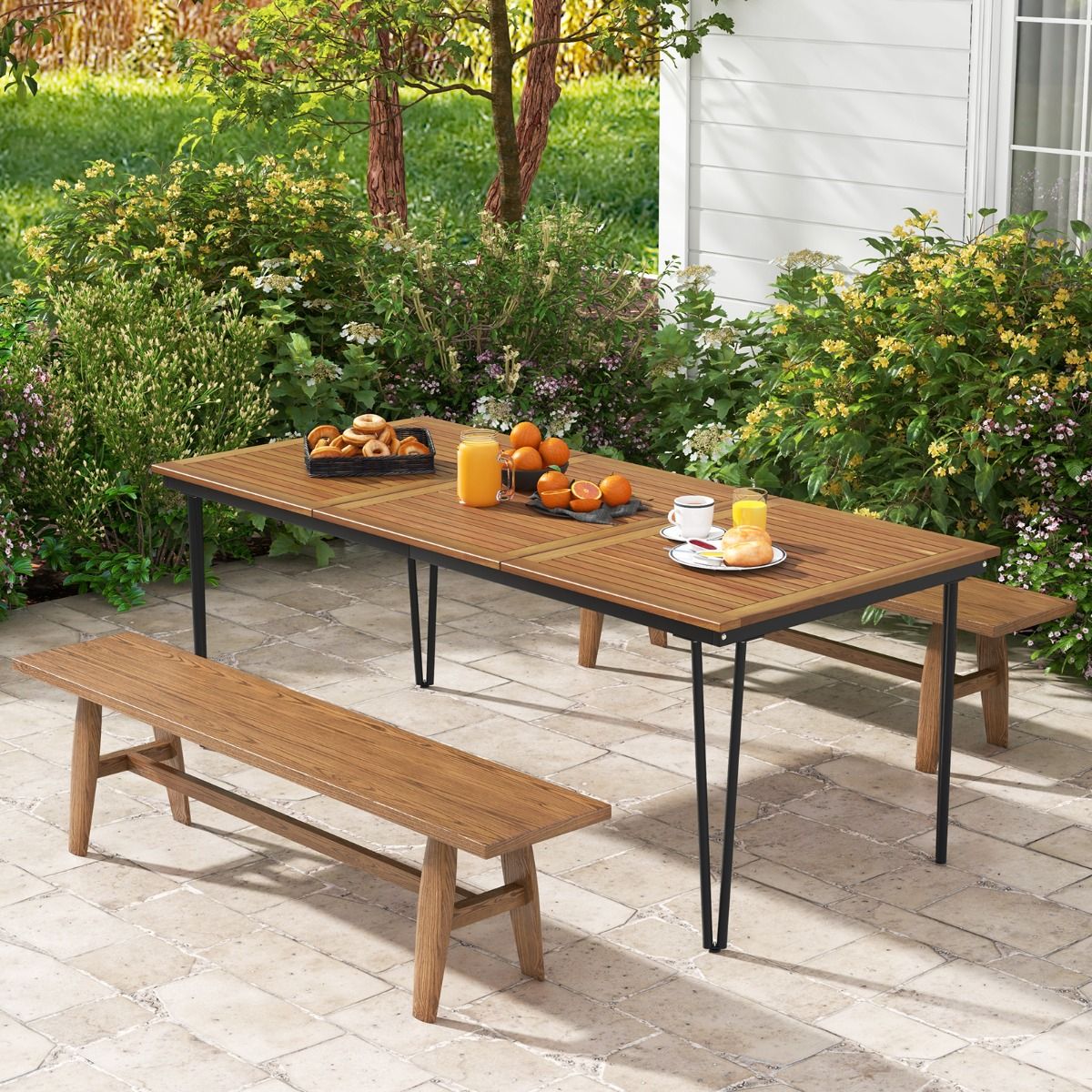 200 Cm Garden Table Outdoor Table for 8 People with Hole for 5 Cm Umbrella Metal Legs and Adjustable Footrest -