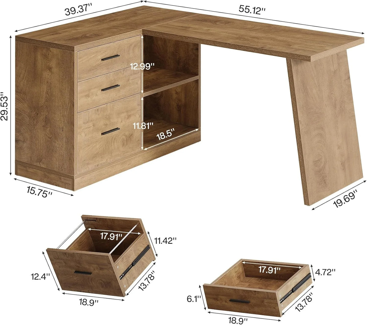 55 - Inch L Shaped Computer Desk with 3 Drawers, Corner Home Office Desk with Storage Shelves - Product image 2