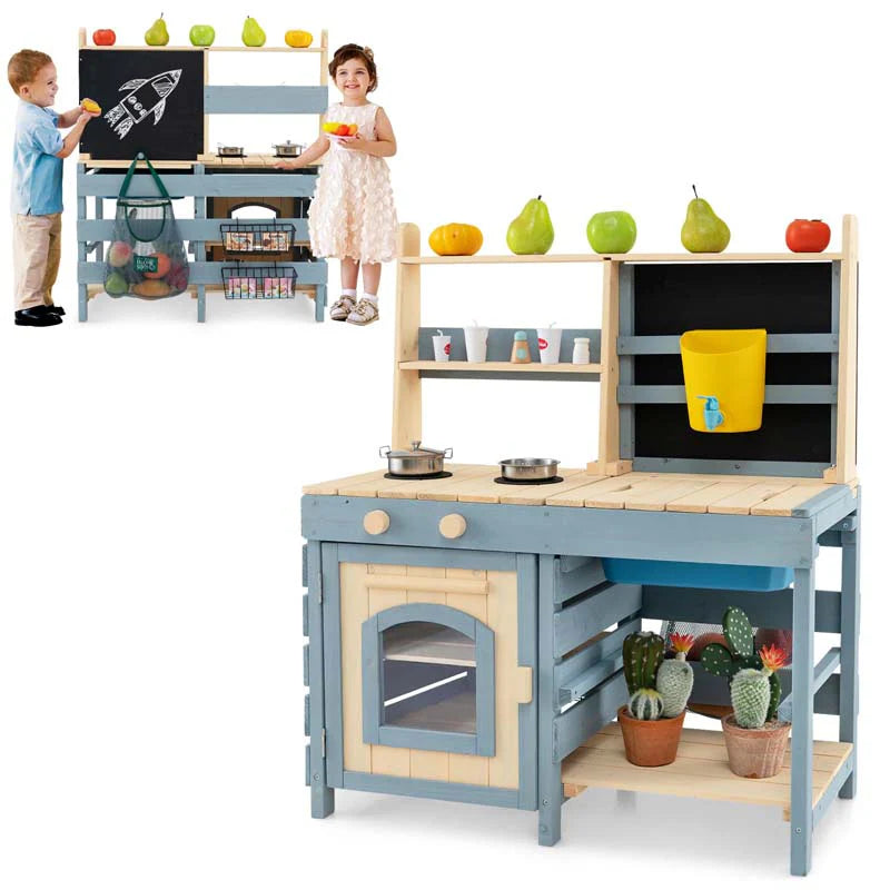 2-In-1 Kids Outdoor Mud Kitchen, Fir Wood Double Sided Kitchen Playset & Grocery Store with Faucet - Product image 1