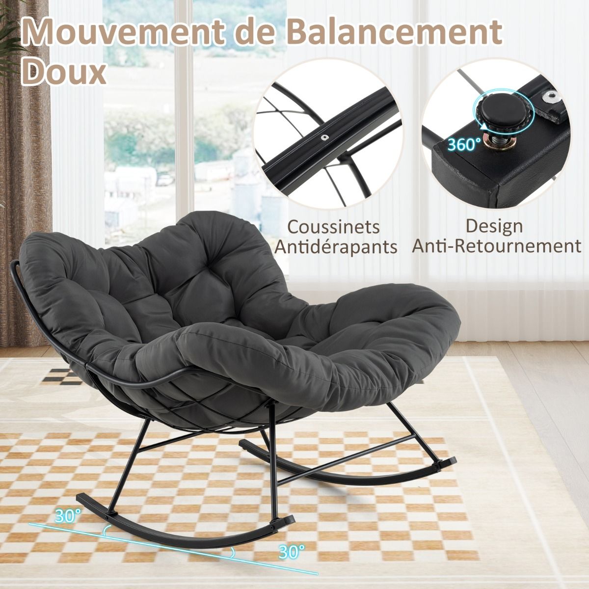 Indoor and Outdoor Rocking Chair Oversized Papasan Chair with Padded Cushion & Metal Frame Capacity 205 Kg Gray -