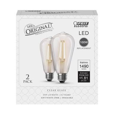 Feit ST19 E26 (Medium) Filament LED Bulb Soft White 100 Watt Equivalence - 2 Pk - Product image 1