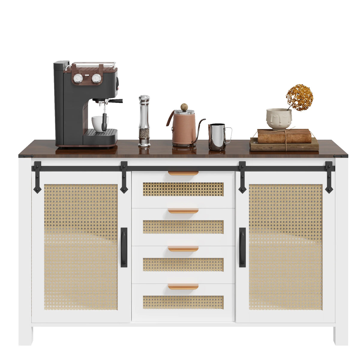 AECOJOY Farmhouse Sideboard Buffet Cabinet with Storage, Rattan Kitchen Cabinet w/Sliding Barn Doors & 4 - Product image 9