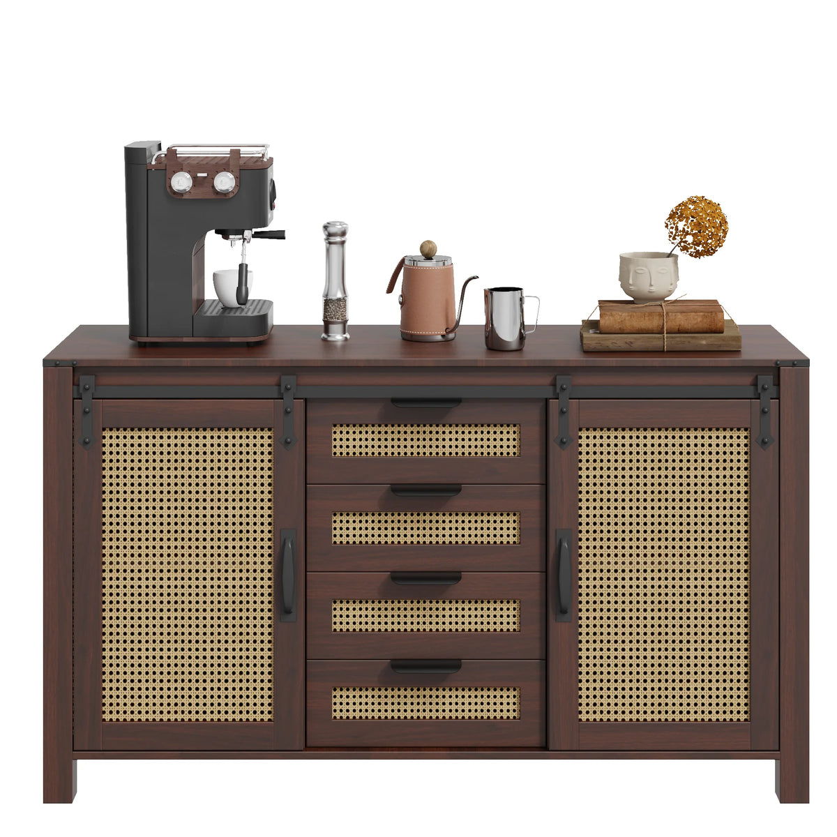 AECOJOY Farmhouse Sideboard Buffet Cabinet with Storage, Rattan Kitchen Cabinet w/Sliding Barn Doors & 4 - Product image 1