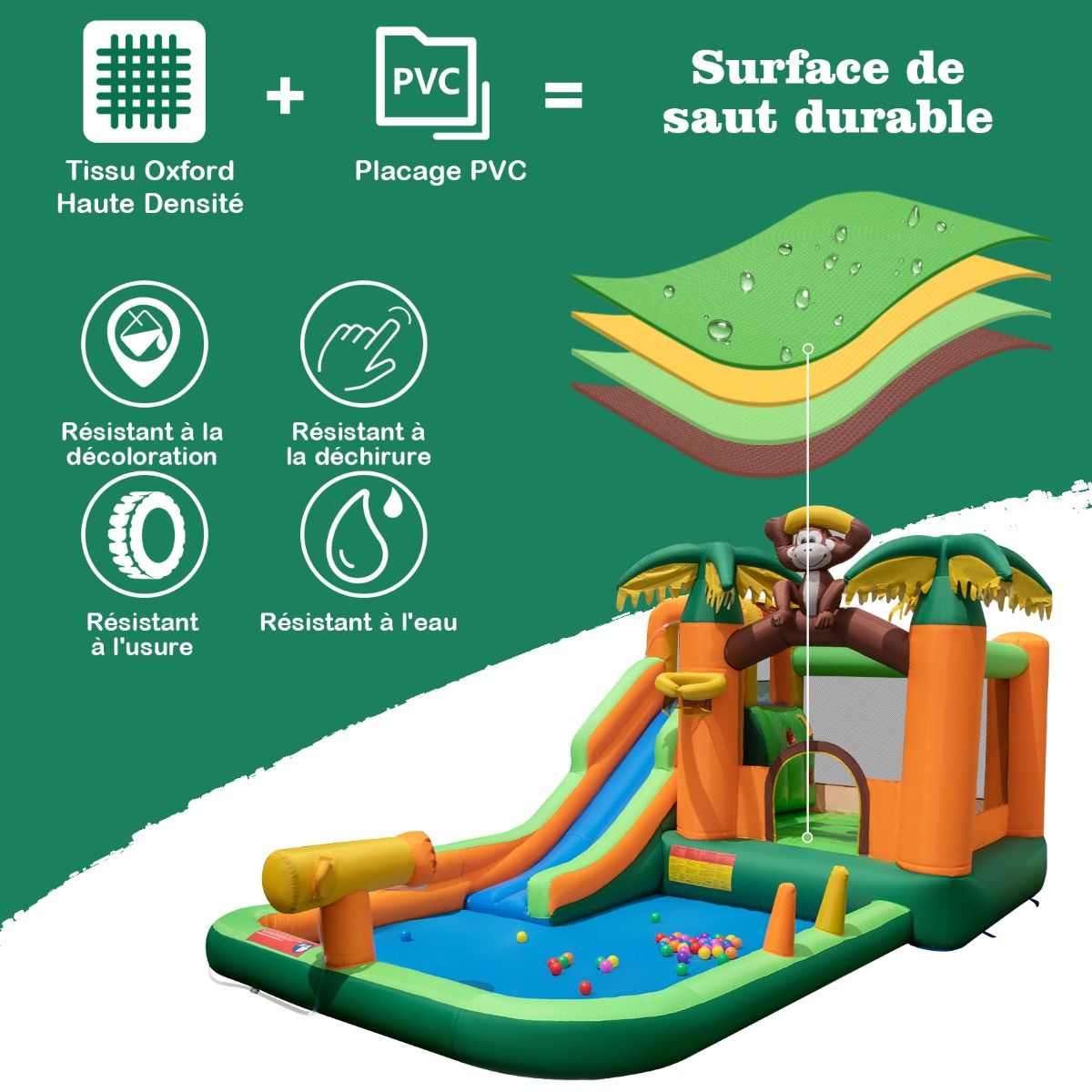 7 in 1 Tropical Inflatable Castle with Monkey & Palm Tree Theme with Water Slide with Pool & 50 Balls Load 90kg for 2 Children Aged 3-10 -