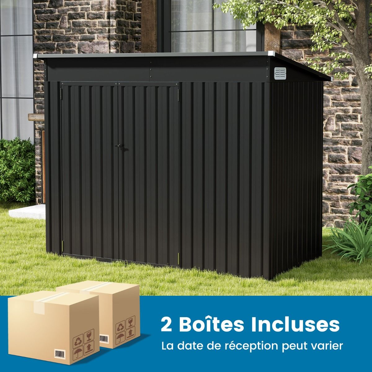 Outdoor Garden Shed Garden Tool Shed with 2 Doors Sloped Design Vents Galvanized Metal Frame 235x117x185cm Dark Gray -