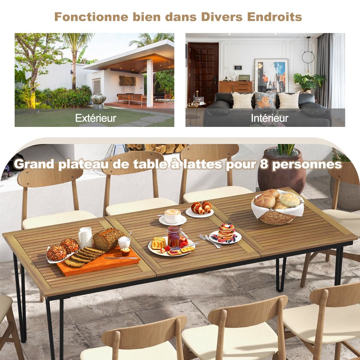 200 Cm Garden Table Outdoor Table for 8 People with Hole for 5 Cm Umbrella Metal Legs and Adjustable Footrest -