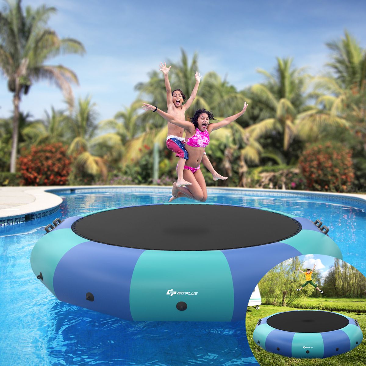 Inflatable Water Trampoline Dia.457cm 150kg Capacity with Ladder Repair Kit and 500w Electric Inflator Blue -