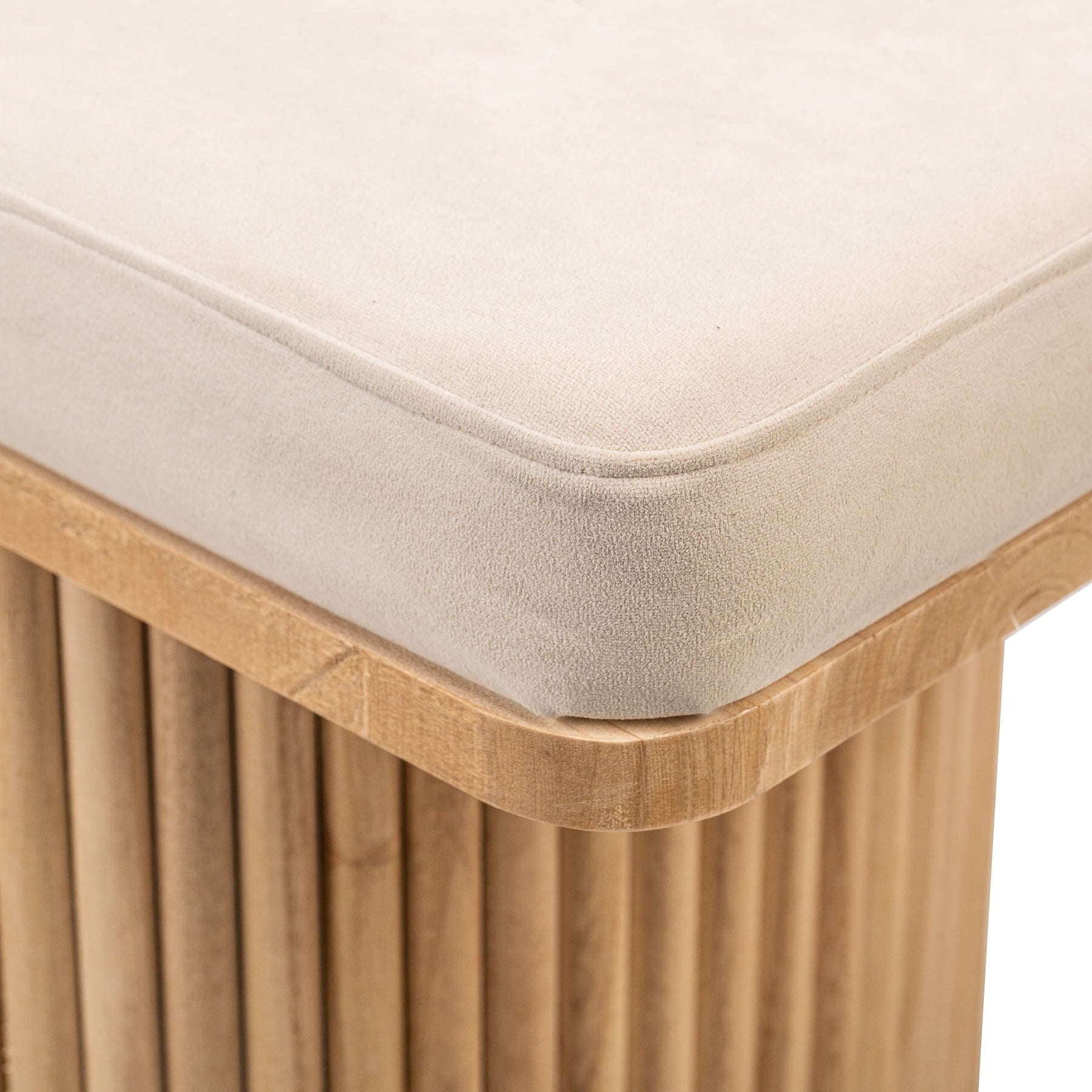 Solid Wood and Beige Velvet Bench Exotic Boho Entryway
