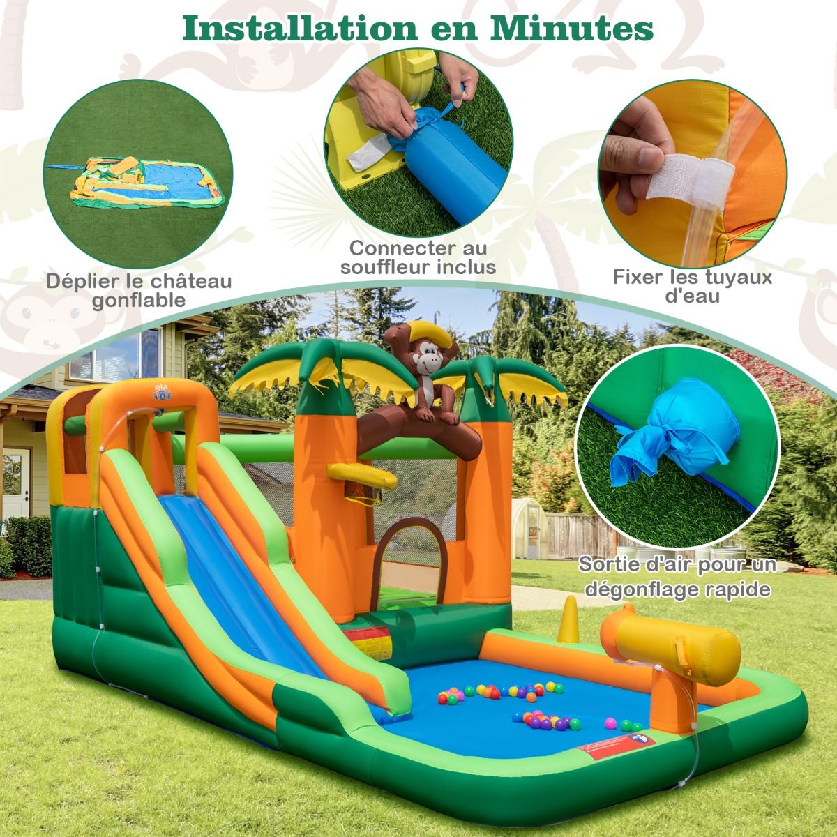 7 in 1 Tropical Inflatable Castle with Monkey & Palm Tree Theme with Water Slide with Pool & 50 Balls Load 90kg for 2 Children Aged 3-10 -