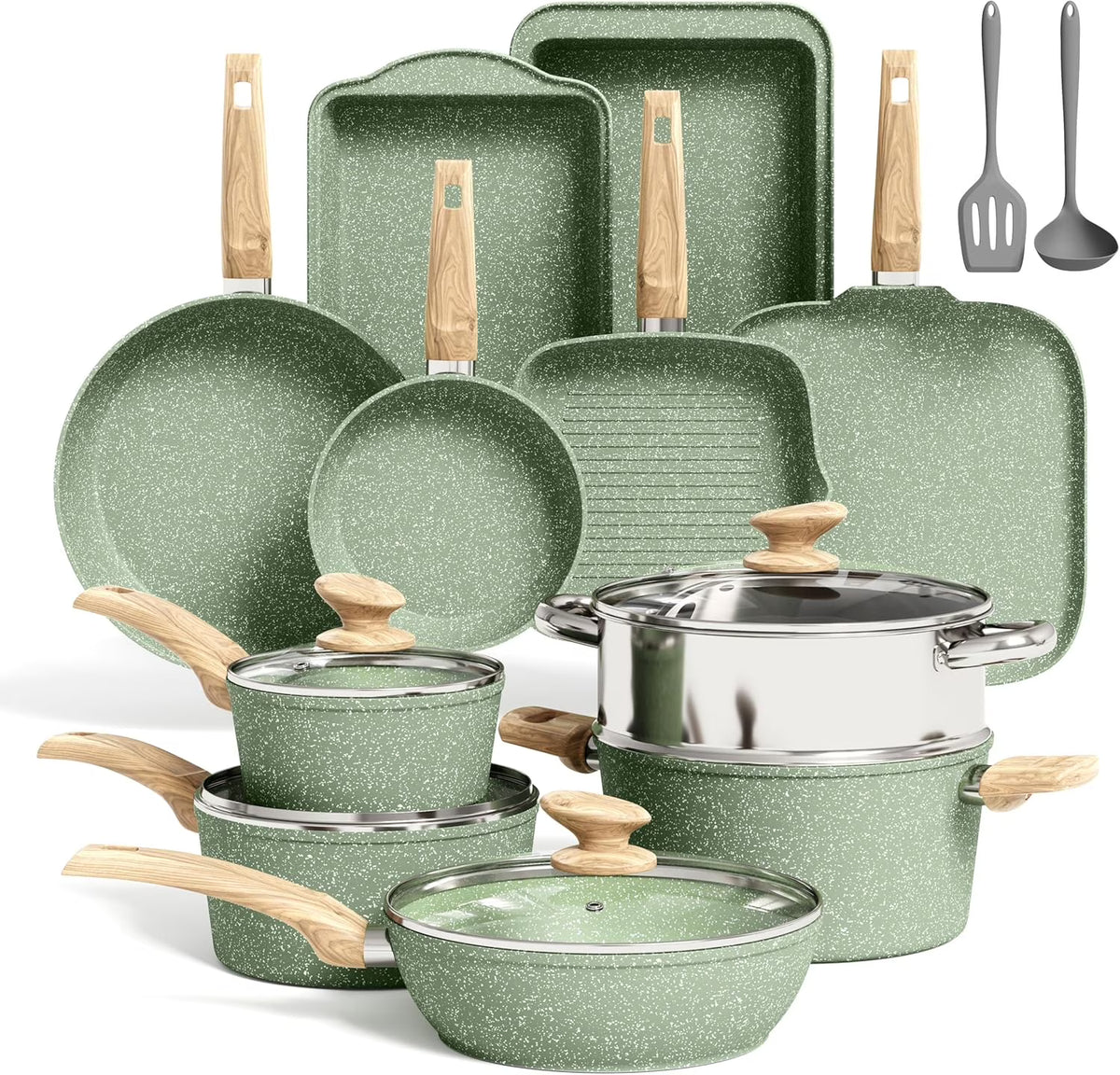 Kitchen Academy 17 Pieces Induction Cookware Set with Griddle, Green Granite Pots and Pans Set Non Stick - Product image 1