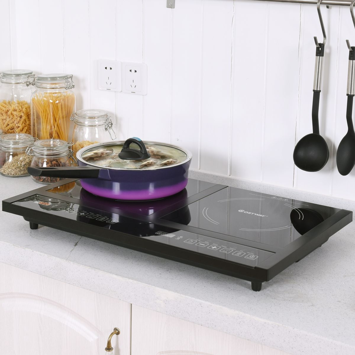 Double Electric Glass Ceramic Hob 1800W+1800W 2 Zones 8 Variable Temperature/Power Levels Black -