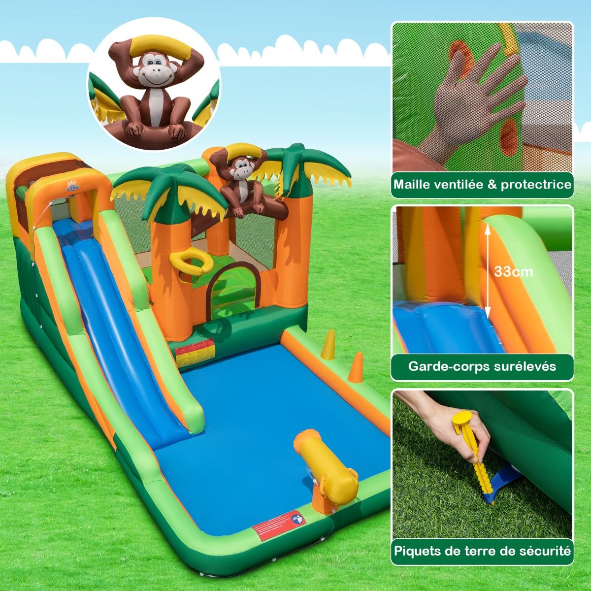 7 in 1 Tropical Inflatable Castle with Monkey & Palm Tree Theme with Water Slide with Pool & 50 Balls Load 90kg for 2 Children Aged 3-10 -