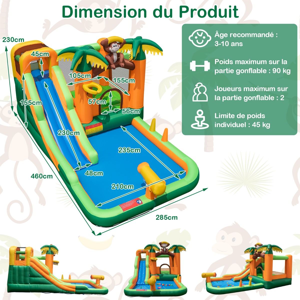 7 in 1 Tropical Inflatable Castle with Monkey & Palm Tree Theme with Water Slide with Pool & 50 Balls Load 90kg for 2 Children Aged 3-10 -