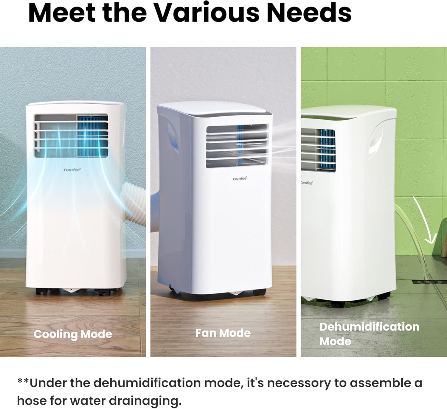 COMFEE' Mobile Air Conditioner 9000 BTU/h 2.6kW, 3-IN-1 Cooler Dehumidifier Fan, Follow me Function, Timer, Night Mode, For Living Room and 33㎡/88m³ Home, MPPH-09CRN7, R290