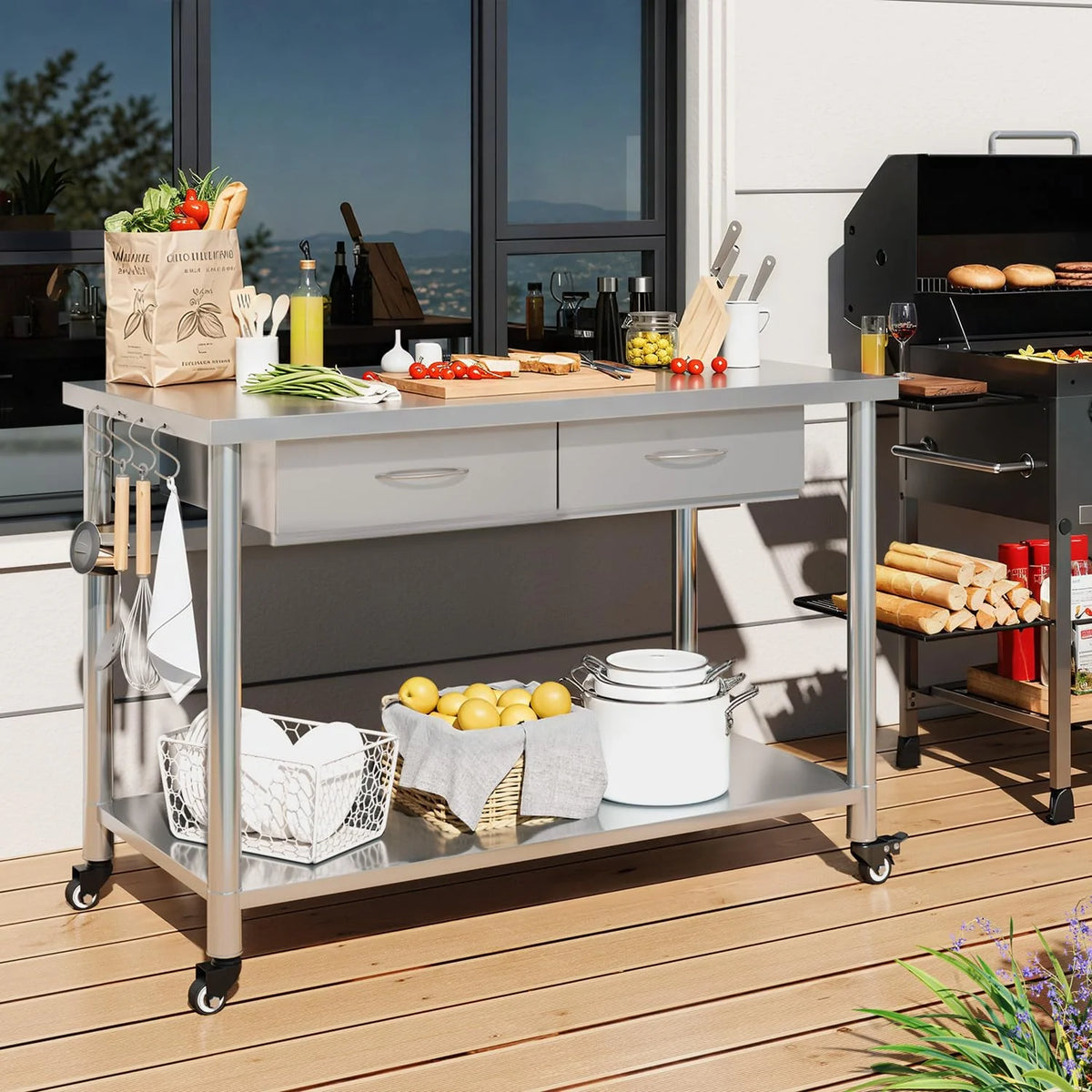 AECOJOY Stainless Steel Work Table with 2 Drawers, 48"x24" Commercial Kitchen Prep Table with Casters - Product image 2